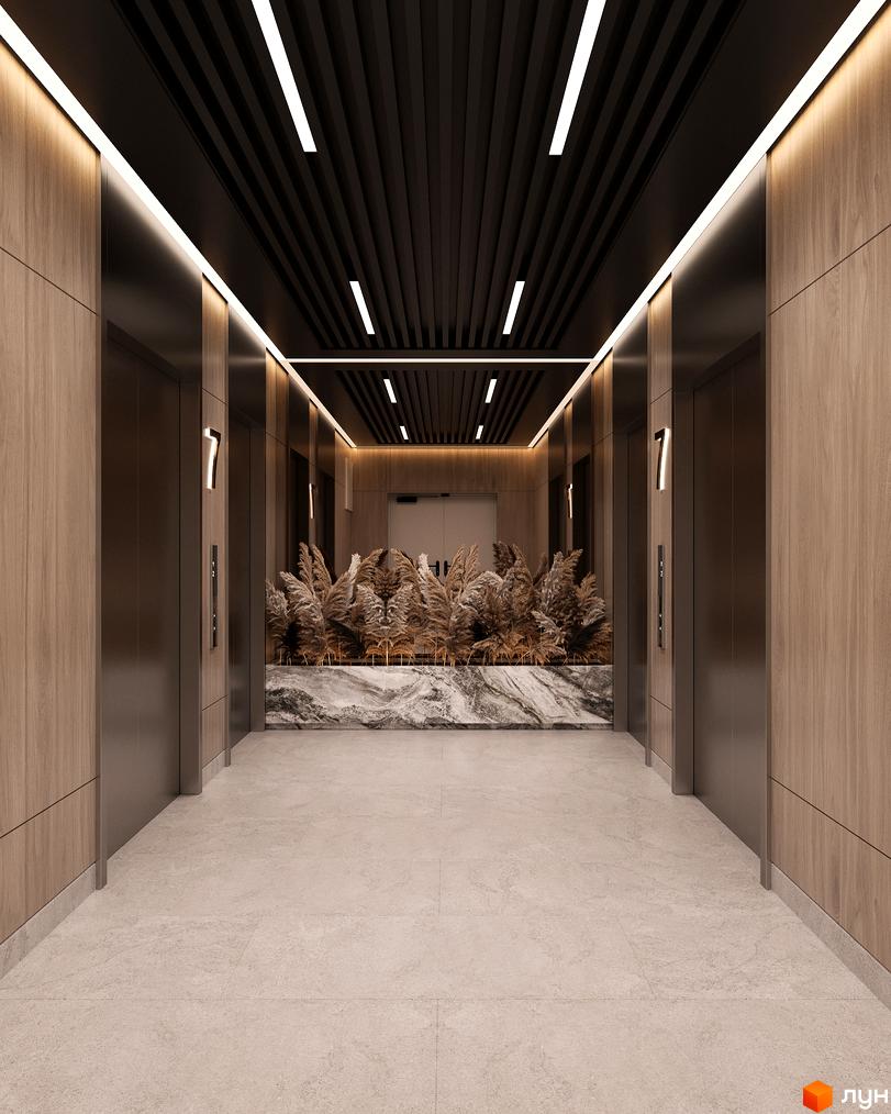 Вестибюль Житлового комплексу Neboshill з дерев'яними стінами, ліфтами та декоративним озелененням. На стелі розташовані лінійні світильники.