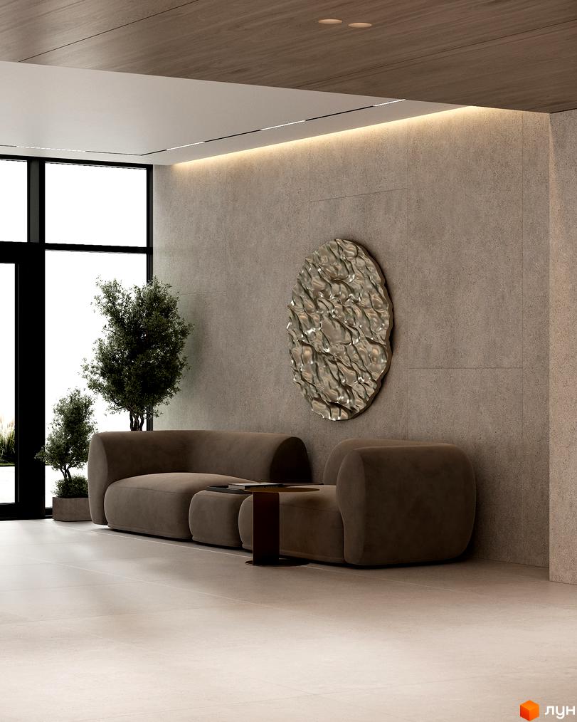 Просторий інтер'єр Житлового комплексу Neboshill з бетонними стінами, дерев'яною стелею, лінійним освітленням та м'якими диванами.