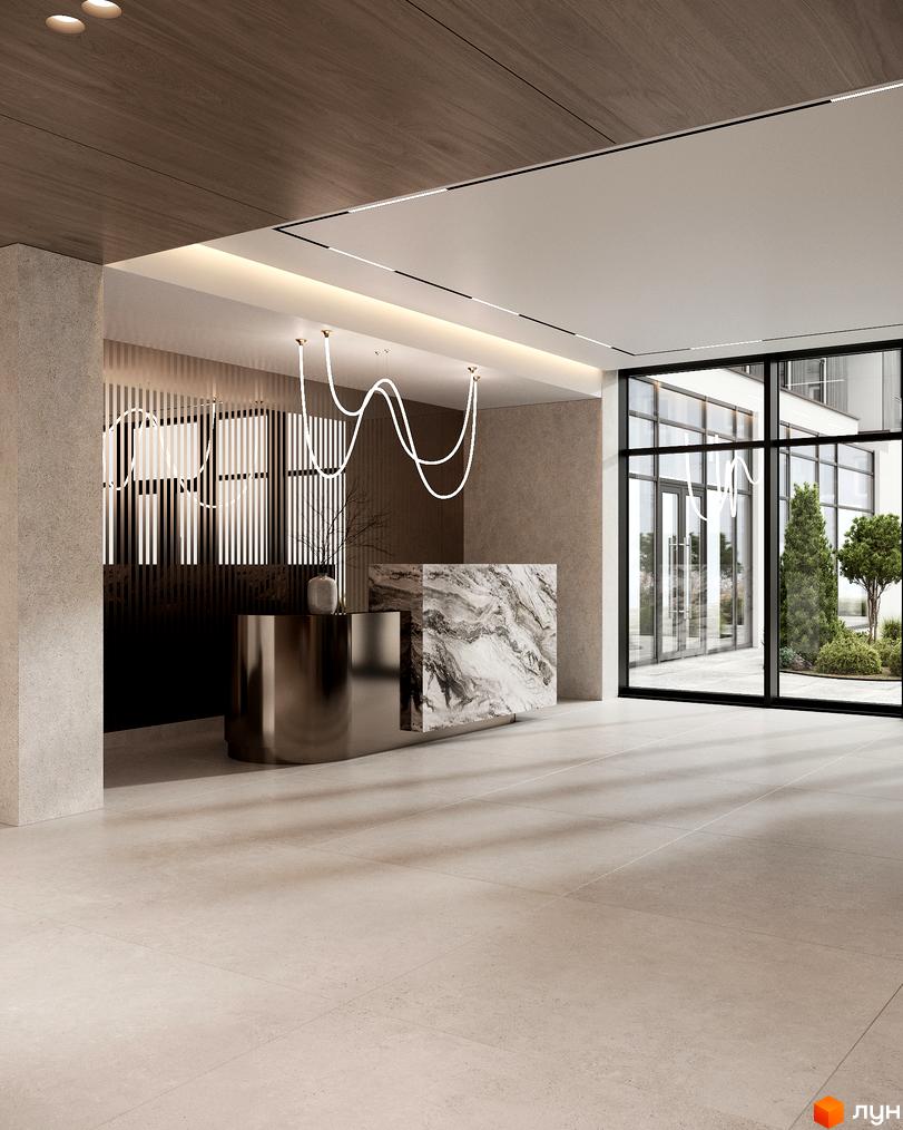 Лобі Житлового комплексу Neboshill з рецепцією з металу та мармуру, декоративним освітленням та видом на зелене подвір'я.