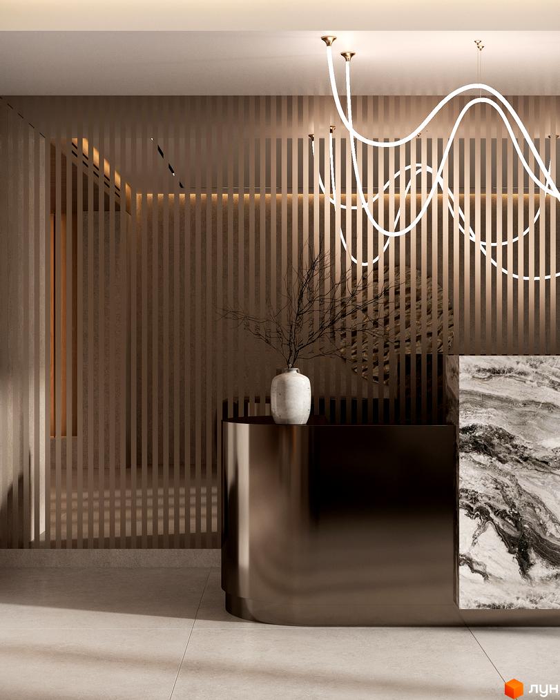 Інтер'єр лобі Житлового комплексу Neboshill з темною стійкою, стіною з вертикальних панелей та хвилястими стельовими світильниками.