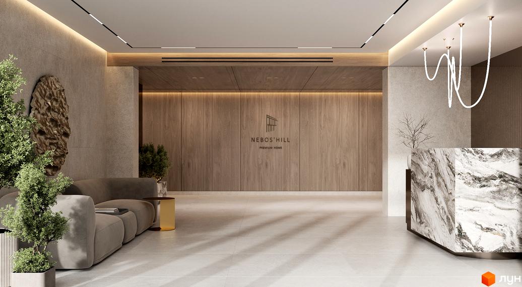 Холл ЖК Nebos'Hill з дерев'яними панелями та мармуровою стійкою. У холі розташовані рослини та диван. Світлий простір з великою кількістю світла.