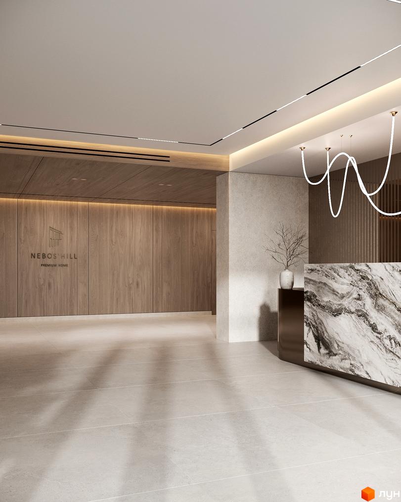 Вхідна група Житлового комплексу Neboshill з дерев'яними стіновими панелями, світлою підлогою та мармуровою рецепцією.