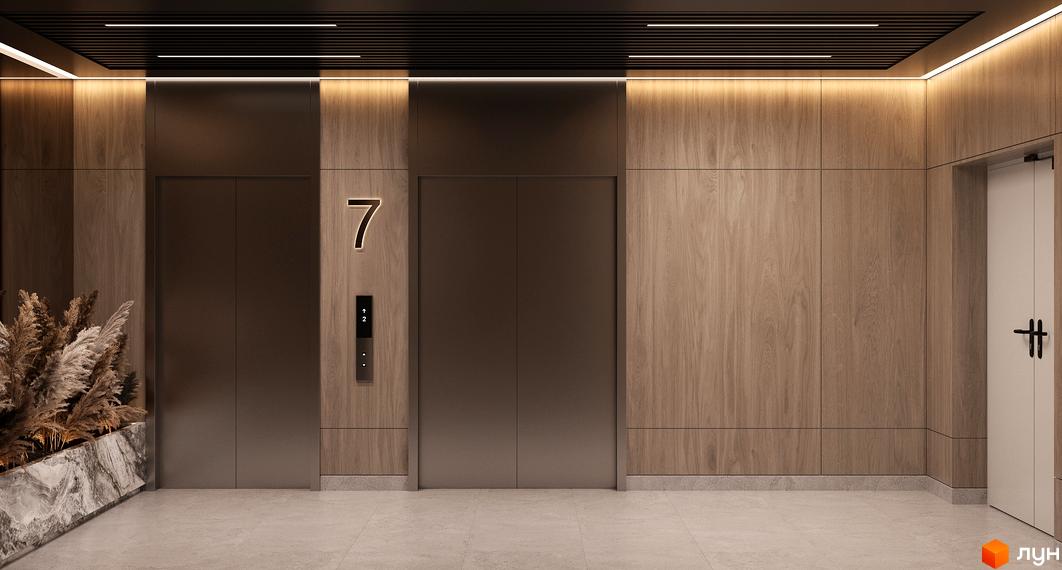 Ліфтовий хол житлового комплексу Neboshill з оздобленням з дерева та підсвічуванням. На стіні номер поверху та кнопки виклику ліфта.