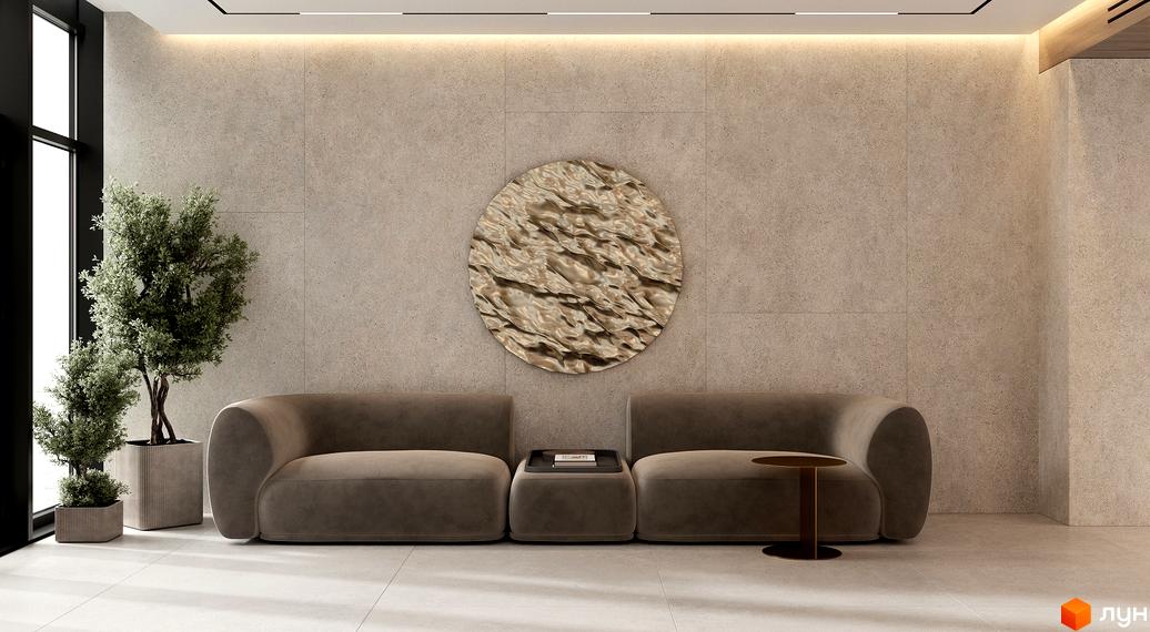 Інтер'єр холу Житлового комплексу Neboshill: зона відпочинку з двома диванами, круглим панно на стіні та рослинами біля панорамного вікна.