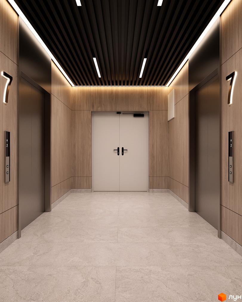 Ліфтовий хол Житлового комплексу Neboshill з дерев'яними панелями на стінах та темною рейковою стелею. Приміщення освітлене лінійними світильниками.