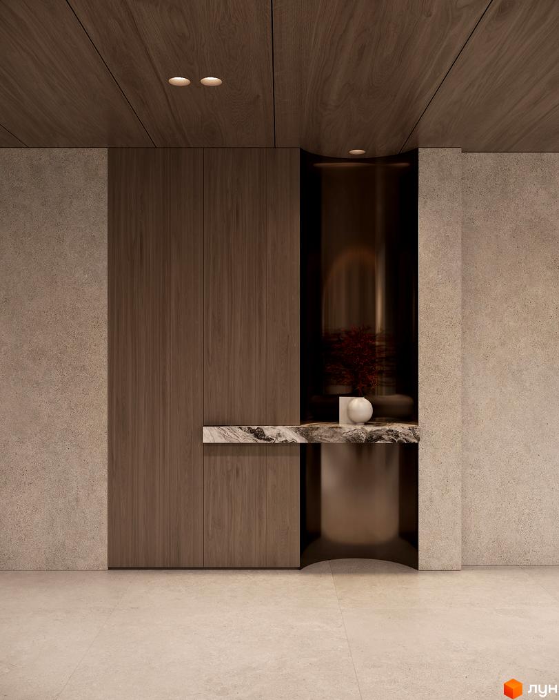 Інтер'єр квартири в ЖК Neboshill: дерев'яні панелі, стільниця з мармуру, декоративні рослини. Світлий простір з акцентом на деталях.