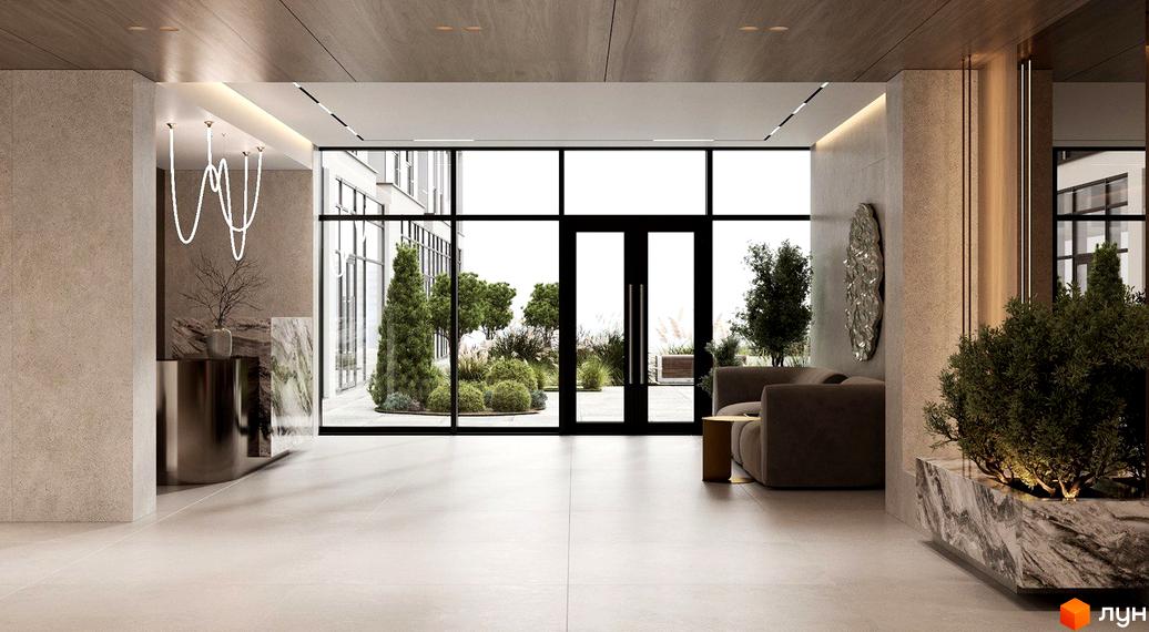 Просторий хол ЖК Neboshill з великими вікнами та рослинами, що створюють атмосферу затишку. Витончені світильники та мінімалістичний дизайн підкреслюють елегантність простору.