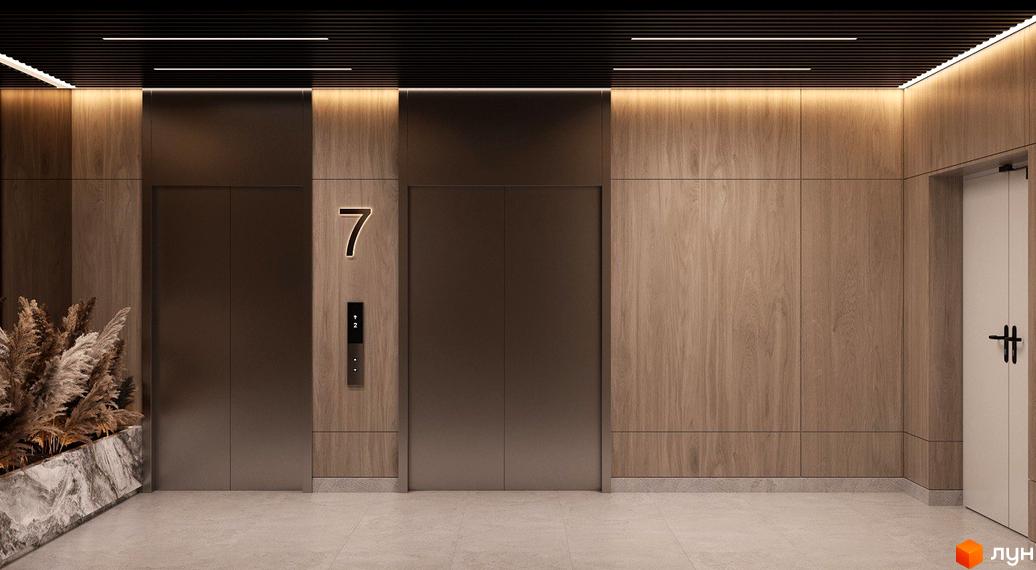 Ліфтовий хол ЖК Neboshill з оздобленням з дерева та світлодіодним підсвічуванням, що створює атмосферу затишку та комфорту.