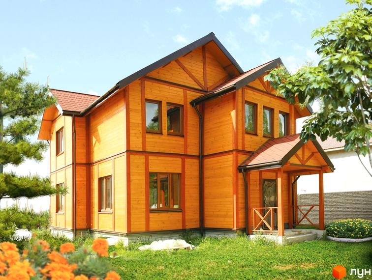 Двоповерховий дерев'яний будинок з червоним дахом та ганком. Навколо будинку зелена трава та квіти.