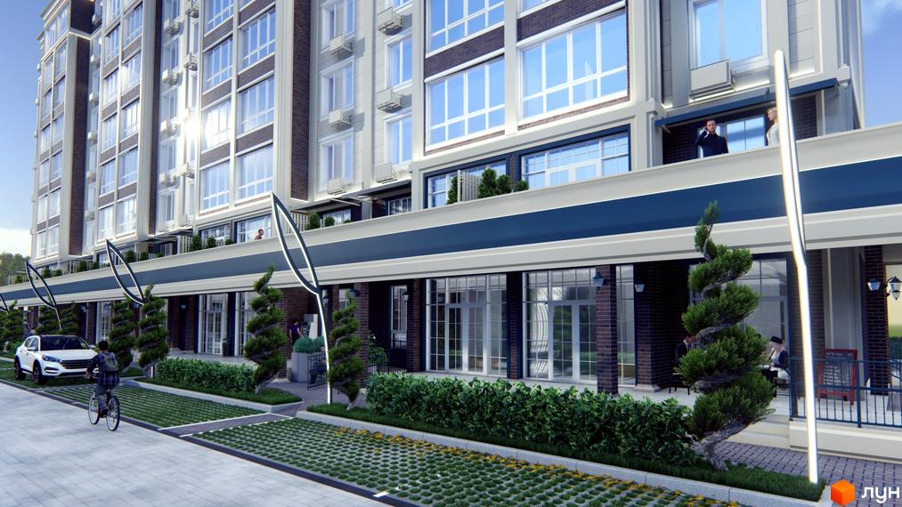 Зовнішній вигляд житлового комплексу Millennium Park з фасадами з цегли та великими вікнами. Прибудинкова територія з доглянутими деревами та місцями для відпочинку.