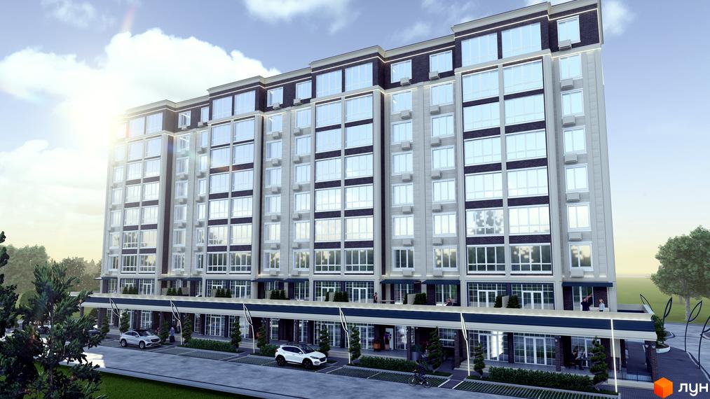 Зовнішній вигляд житлового комплексу Millennium Park з великою кількістю вікон та комерційними приміщеннями на першому поверсі. На прибудинковій території видно автомобілі та зелені насадження.