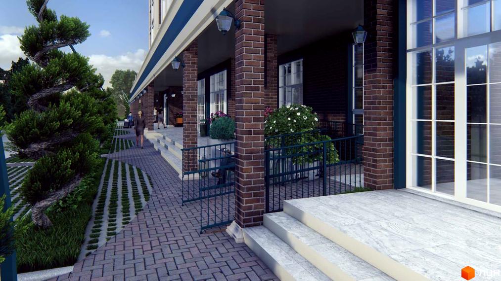 Зовнішній вигляд новобудови ЖК Millennium Park з цегляним фасадом та великими вікнами. Прибудинкова територія з брукованою доріжкою та зеленими насадженнями.