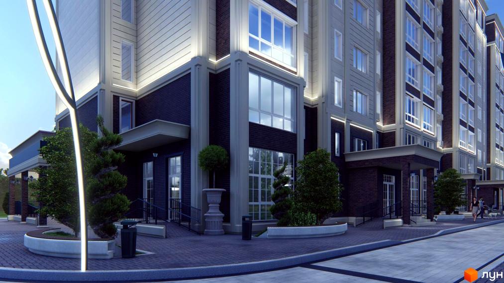 Зовнішній вигляд житлового комплексу Millennium Park з цегляним фасадом та великими вікнами. Прибудинкова територія з деревами та освітленням.