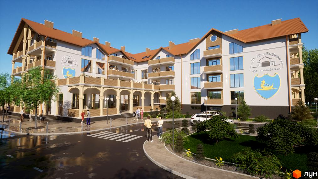 Апарт-комплекс Little Italy Apartments з коричневим дахом та численними балконами. Навколо будинку зелені насадження та пішохідна зона з людьми.