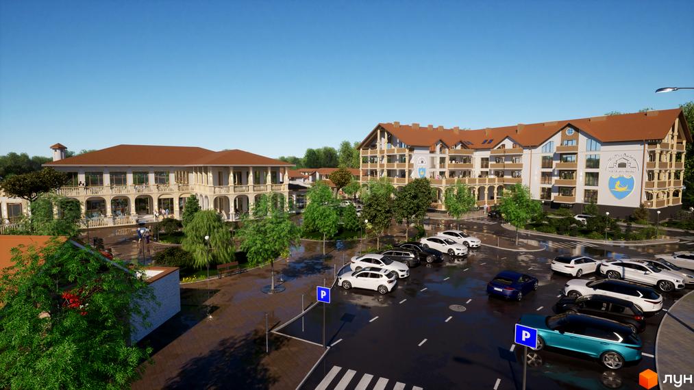 Зображення фасаду будівлі апарт-комплексу Little Italy Apartments з терасами та паркуванням для автомобілів, навколо зелені насадження.