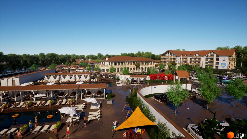 Апарт-комплекс Little Italy Apartments з басейном та зонами відпочинку. На території комплексу розташовані сучасні будівлі та зелені насадження.