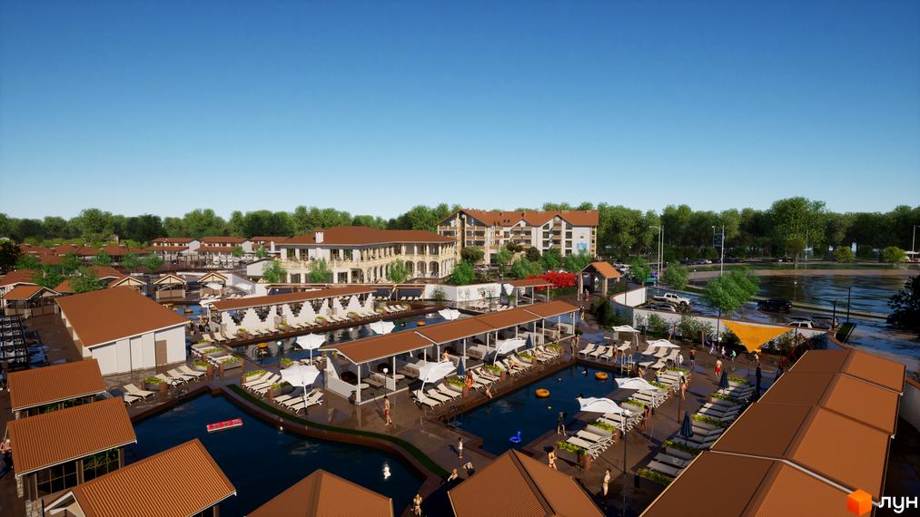 Апарт-комплекс Little Italy Apartments з басейнами та зонами відпочинку. На території розташовані корпуси з терасами та зелені насадження.