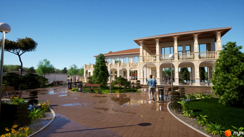 Двоповерхова будівля з колонами та балконами. На території комплексу висаджені дерева, є доріжки та лавки для відпочинку.