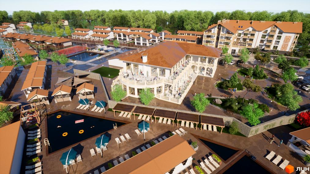 Зображення апарт-комплексу Little Italy Apartments з басейнами, терасами, рестораном та зеленими насадженнями. Вид на будівлі з теракотовими дахами та доглянуту прибудинкову територію.