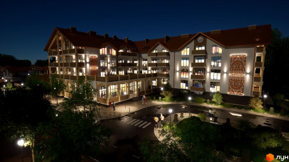 Апарт-комплекс Little Italy Apartments з балконами та вікнами, освітлений вночі, з доглянутою прибудинковою територією та деревами.