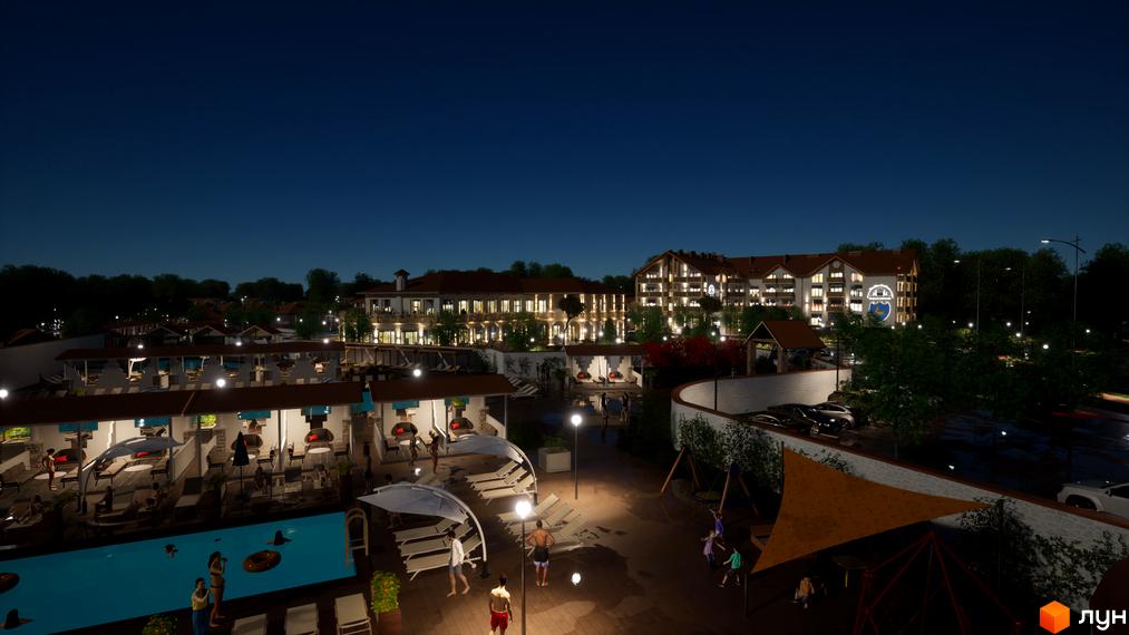 Апарт-комплекс Little Italy Apartments. Багатоповерхові будинки з терасами, басейном та зоною відпочинку, освітленням та парковкою.