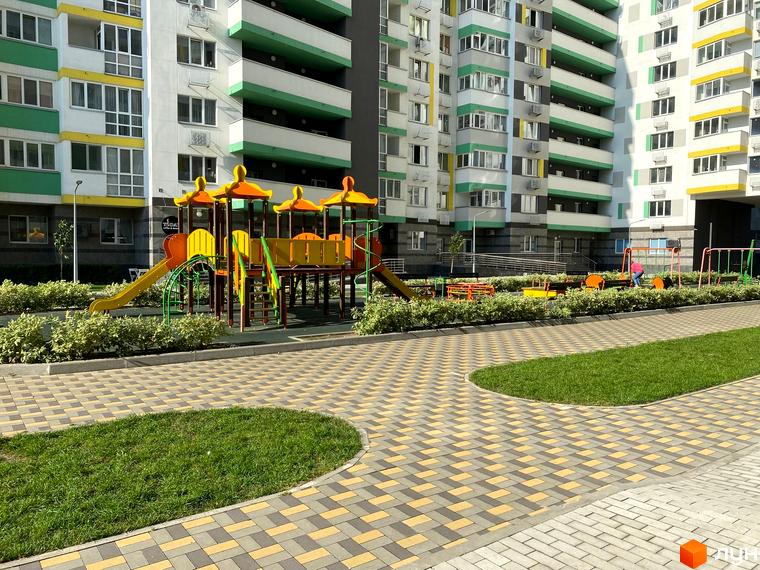 Житловий комплекс Харківський: яскравий фасад будинку з зеленими та жовтими елементами, дитячий майданчик та зелена зона відпочинку.