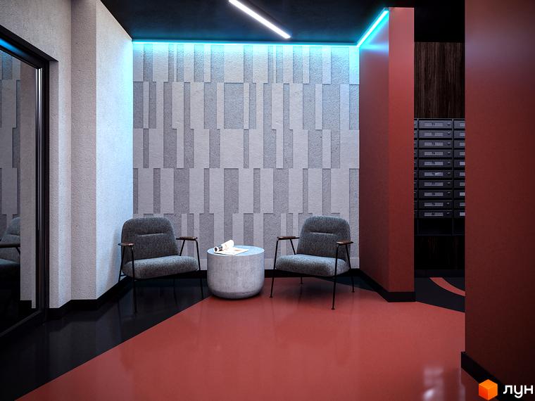 Дизайн холу житлового комплексу U One з кріслами та журнальним столиком. Сучасний інтер'єр з акцентною стіною та підсвіткою.