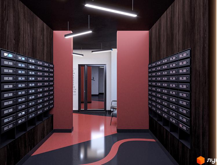 Інтер'єр холу в ЖК U One з поштовими скриньками, оздоблений темним деревом та червоними акцентами. Яскраве освітлення підкреслює сучасний дизайн.