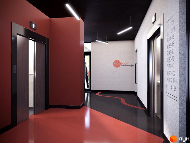 Інтер'єр холу Житлового комплексу U One з ліфтами та вказівником дитячої кімнати. Підлога комбінована, червоно-чорна.