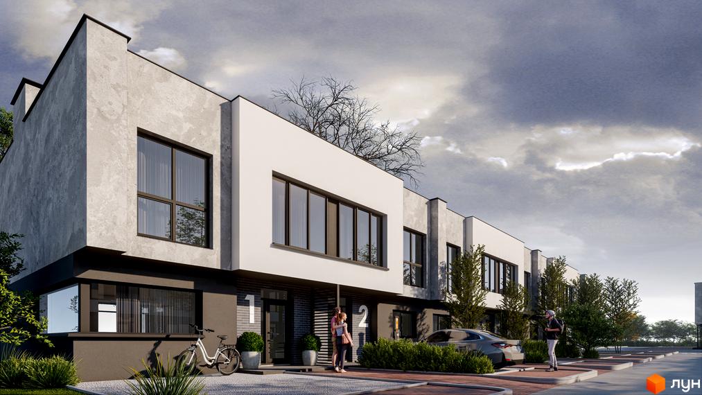 Зображення сторінки житлового комплексу Таунхауси „Мальви 2“. Білі та сірі будинки з великими вікнами, перед будинками зелені насадження, припарковані машини та люди.