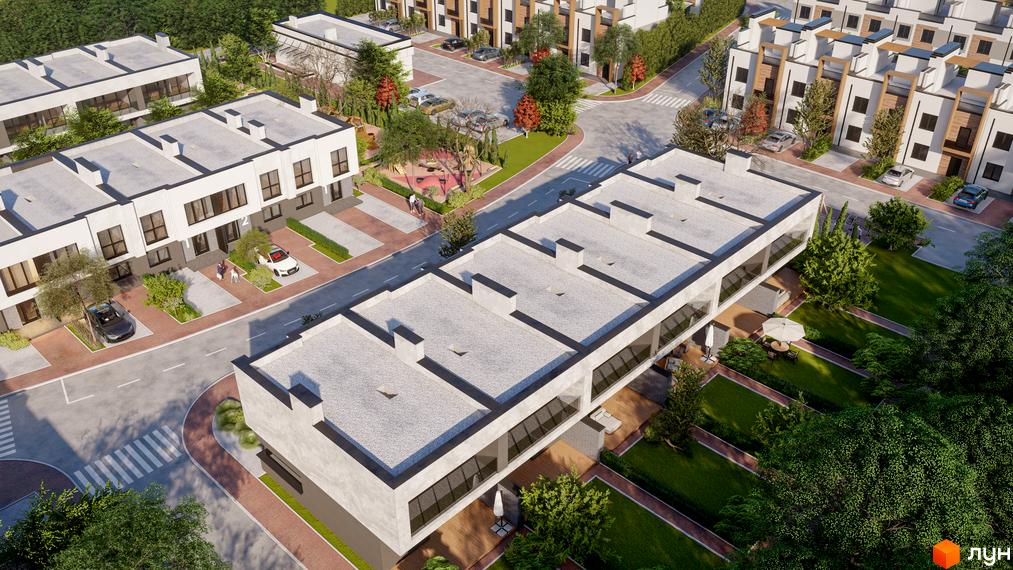 Зображення сторінки житлового комплексу Таунхауси „Мальви 2“: будинки з білими фасадами та плоскими дахами, доглянута прибудинкова територія з газонами та деревами.