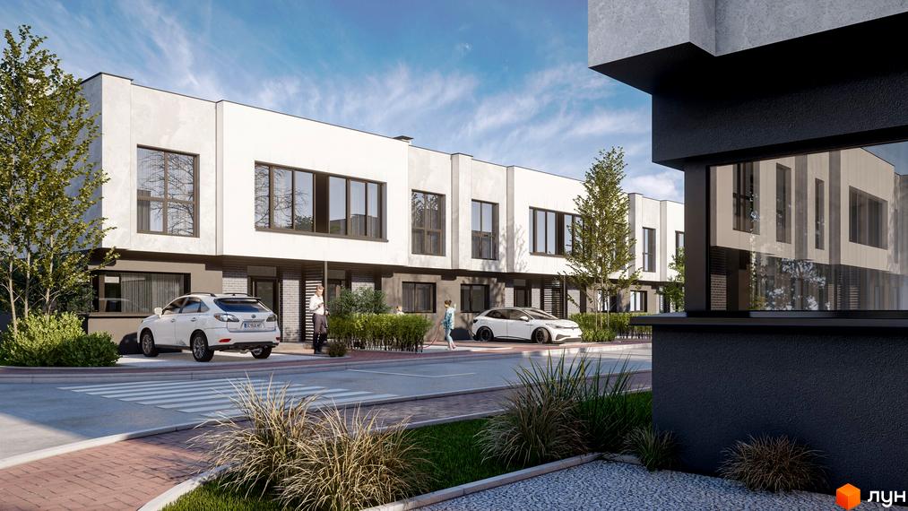 Зображення сторінки житлового комплексу Таунхауси „Мальви 2“. Білі будинки з великими вікнами, перед будинками тротуар, газон та дерева, на території припарковані автомобілі.