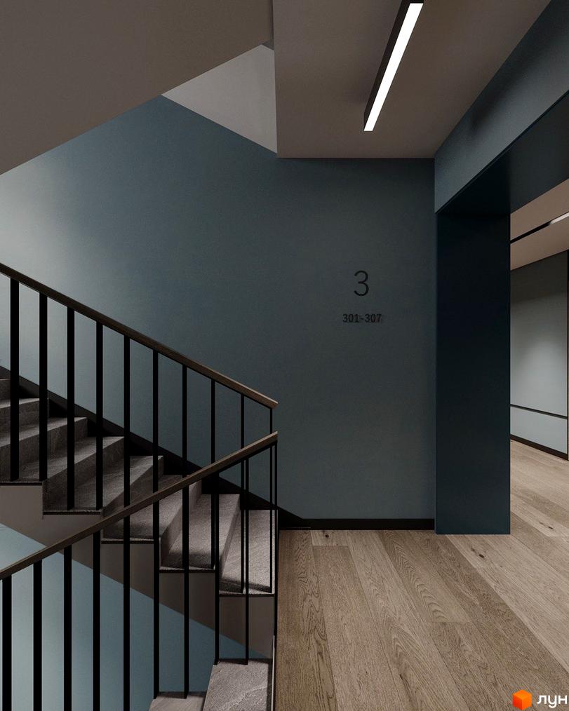 Сходи в ЖК Молодість з темними перилами та сірими сходами, на стіні номер поверху 3 та номери квартир 301-307.