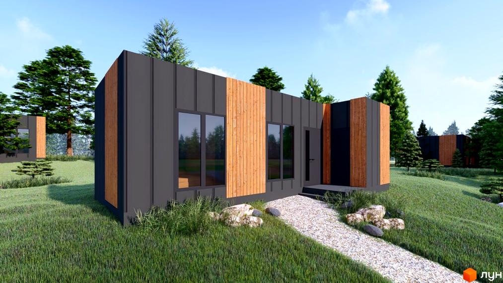 Зображення будинку в Котеджному містечку ДІМЛІС. Двоповерховий будинок з дерев'яним оздобленням та великими вікнами, розташований серед зеленого газону.