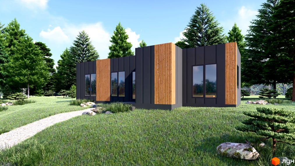 Зображення будинку в Котеджному містечку ДІМЛІС. Одноповерхова будівля з дерев'яним оздобленням та великими вікнами, навколо зелена трава та дерева.