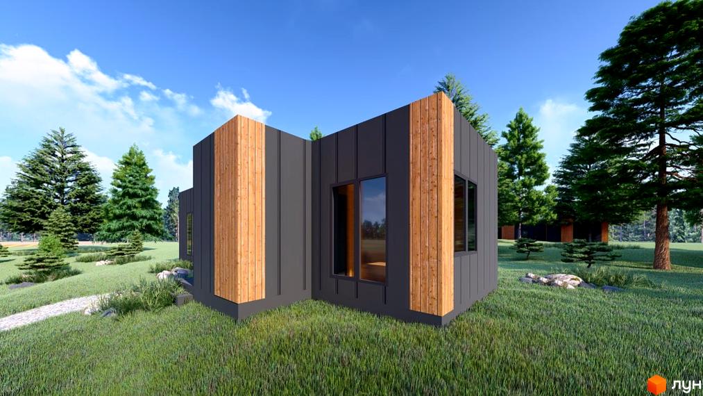 Будинок Котеджного містечка ДІМЛІС з темно-сірим фасадом та дерев'яними вставками, розташований серед зелених газонів та хвойних дерев.