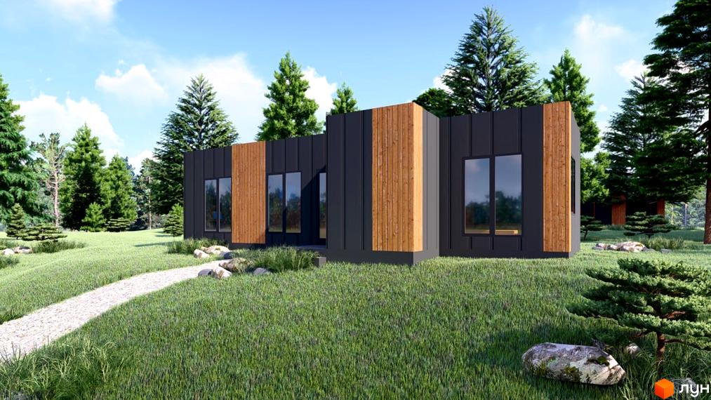 Зображення будинку в Котеджному містечку ДІМЛІС. Двоповерхова будівля з дерев'яними вставками, навколо зелена трава та дерева.