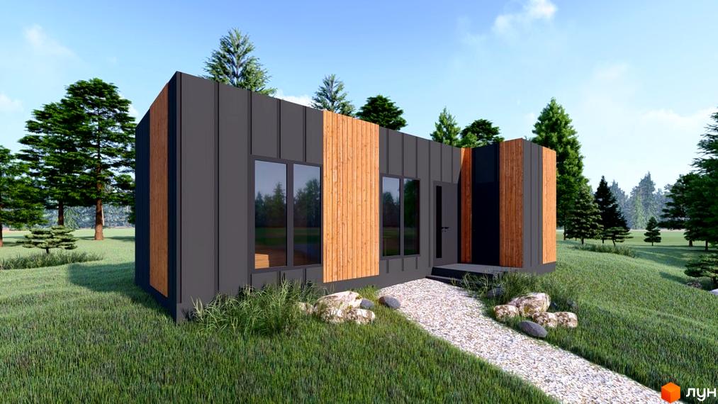 Зображення будинку в Котеджному містечку ДІМЛІС. Одноповерхова будівля з дерев'яним оздобленням, навколо зелений газон та доріжка.