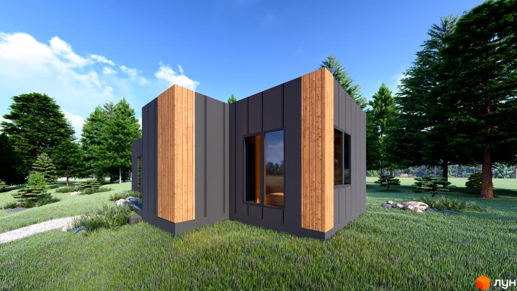 Будинок Котеджного містечка ДІМЛІС має темно-сірі фасади з дерев'яними вставками та великі вікна. Навколо зелений газон, хвойні дерева та кам'яна доріжка.