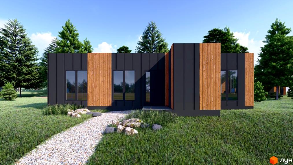 Котеджне містечко ДІМЛІС: будинок з фасадом з темно-сірих панелей та дерев'яних вставок, навколо зелений газон, гравійна доріжка та хвойні дерева.