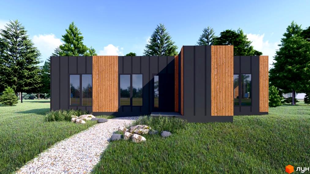 Котеджне містечко ДІМЛІС: одноповерховий будинок з темно-сірим та дерев'яним оздобленням фасаду, оточений зеленим газоном та гравійною доріжкою.