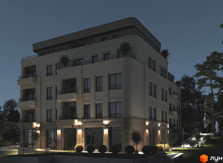 Зображення сторінки житлового комплексу Маямі. Багатоповерховий будинок з великими вікнами та підсвіткою, навколо дерева та кущі.