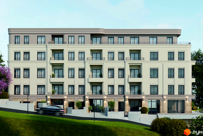 Фасад Житлового комплексу Маямі з бежевими стінами, темними вікнами та балконами. Перед будинком дорога, зелені газони та дерева.