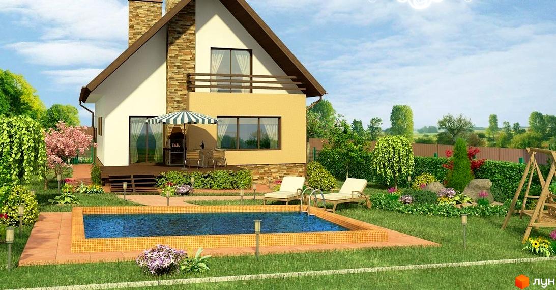 Зовнішній вигляд будинку КМ Гореничі з басейном та прибудинковою територією, оформленою зеленими насадженнями.