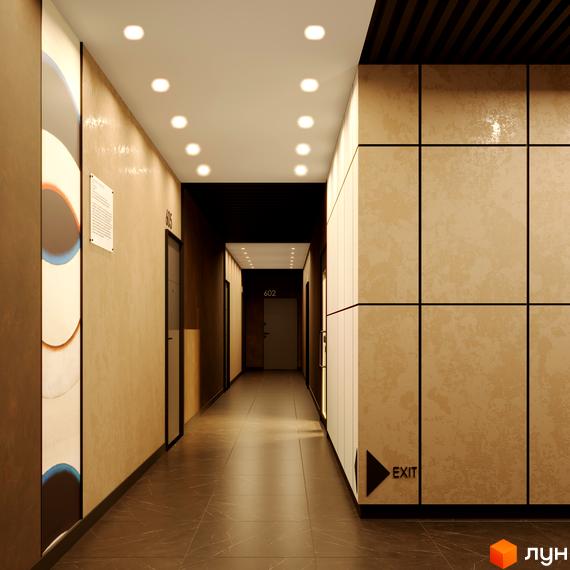 Коридор в ЖК BORGO VERDE з дверима, освітленням та написом 