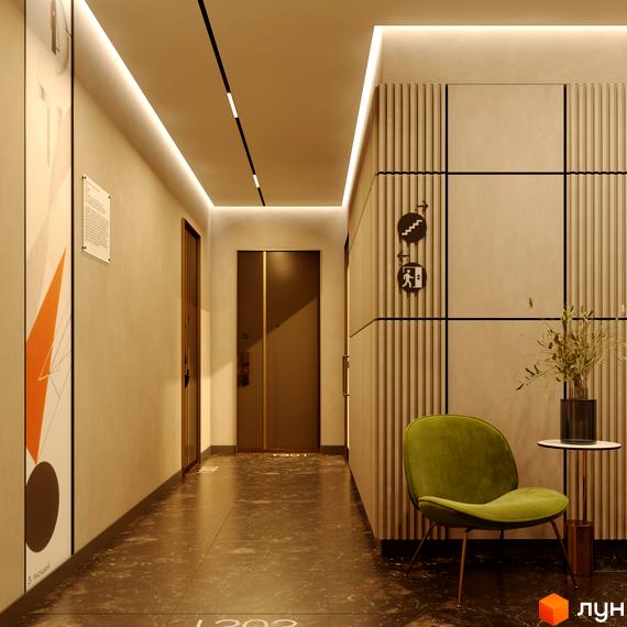 Коридор в ЖК BORGO VERDE з зеленим кріслом та столиком, оздоблений деревом та з підсвічуванням. Вид на вхідні двері.