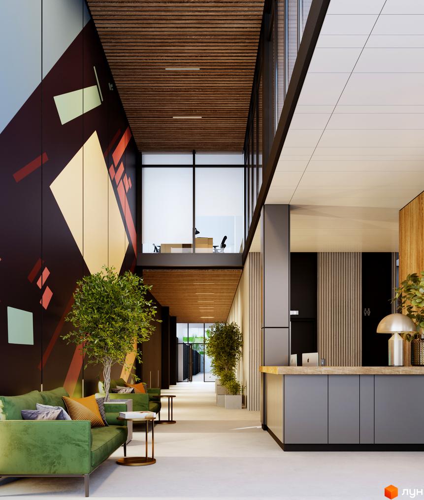 Інтер'єр холу в ЖК BORGO VERDE з диванами, рослинами та стійкою ресепшн. Світлий простір з великими вікнами та декоративними елементами на стінах.