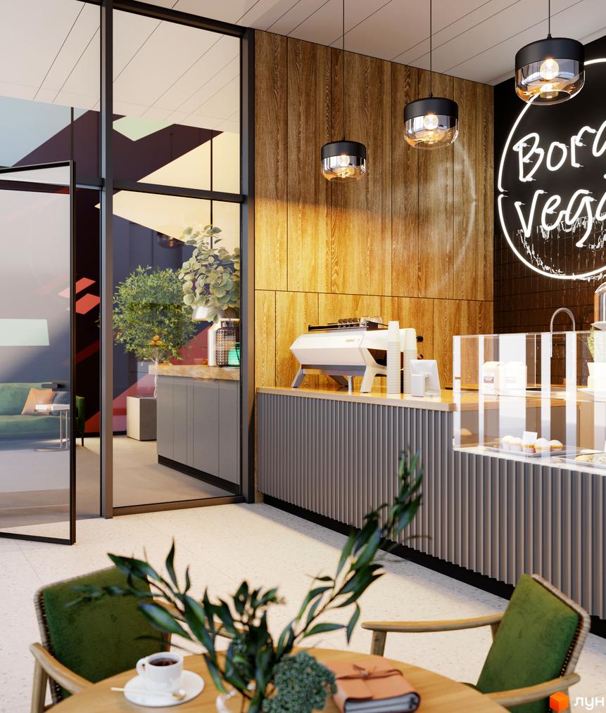 Інтер'єр кафе в новому ЖК BORGO VERDE з дерев'яними панелями, скляними перегородками та столиками з зеленою рослинністю.