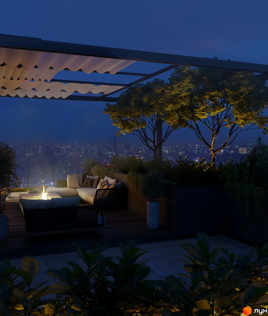 Затишна тераса з диваном, вогнищем та видом на нічне місто в ЖК BORGO VERDE. Елегантний простір для відпочинку з рослинами та сучасним дизайном.