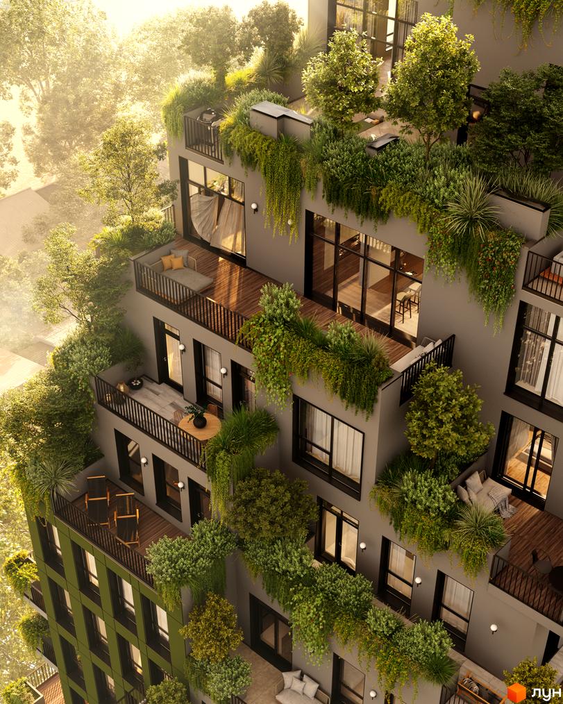 Житловий комплекс BORGO VERDE з зеленими терасами та балконами, де поєднано архітектуру та природу. Фасад будівлі з великими вікнами та рослинністю.